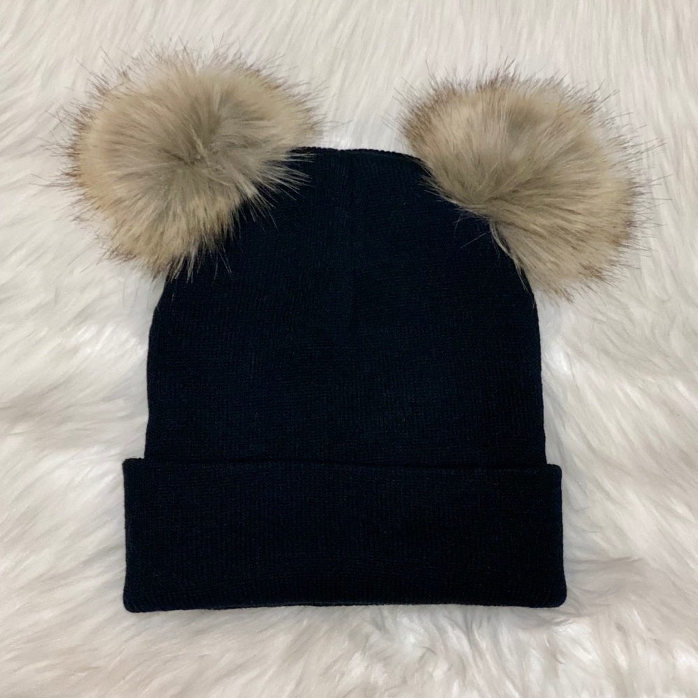 Embroidered Double Pom Faux Fur Knitted Beanie Hat - Picture 2 of 5